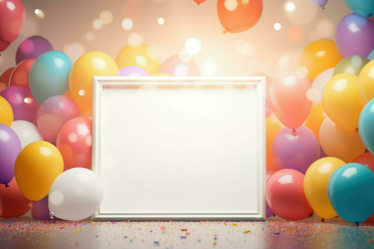 AI generated Birthday frame with color balloons with sparkles, blank frame decoration with balloon , Ai generated photo