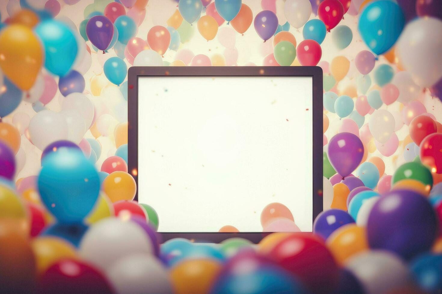 AI generated Birthday frame with color balloons with sparkles, blank frame decoration with balloon , Ai generated photo