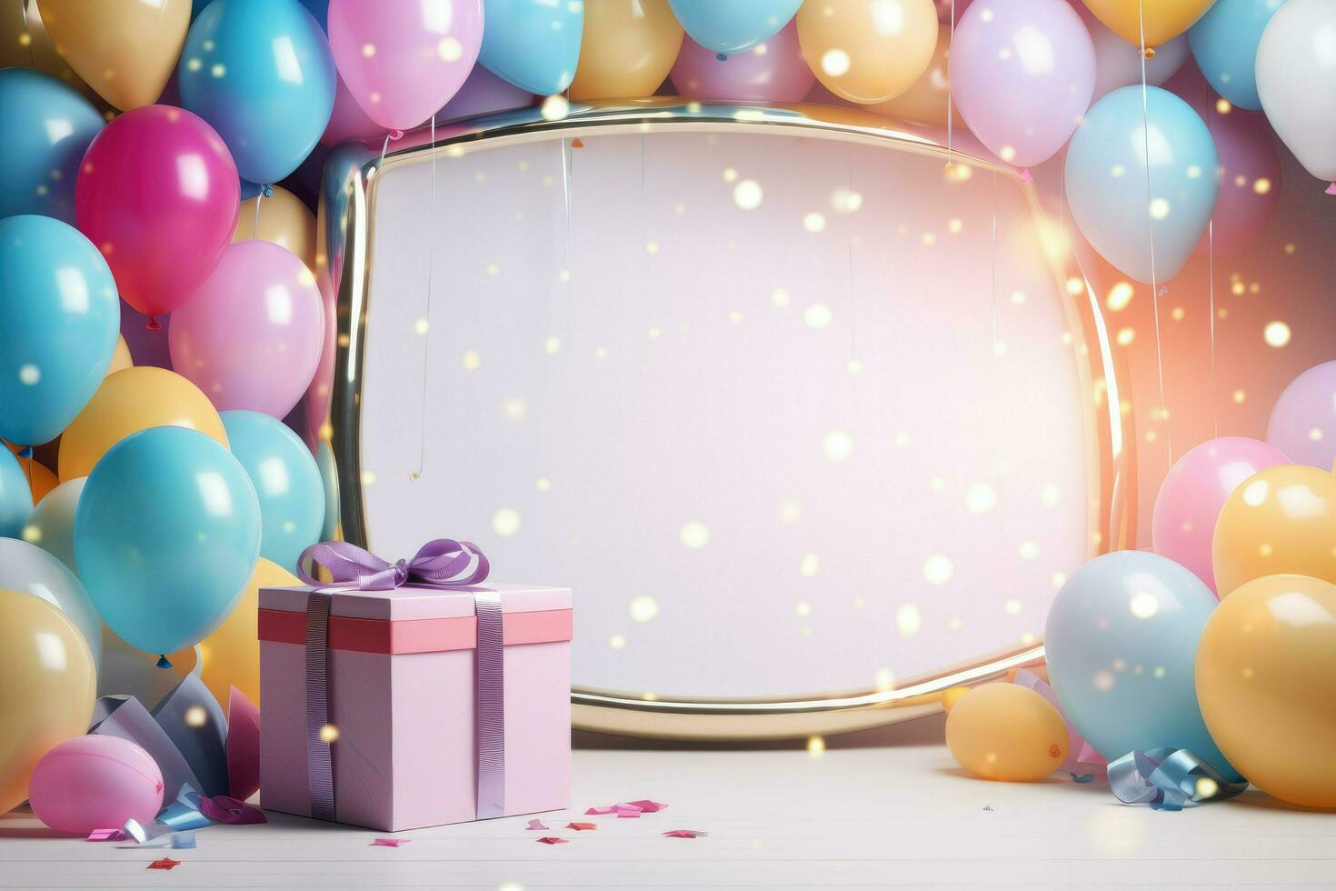 AI generated Birthday frame with color balloons with sparkles, blank frame decoration with balloon , Ai generated photo