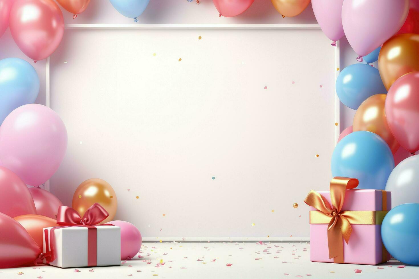 AI generated Birthday frame with color balloons with sparkles, blank frame decoration with balloon , Ai generated photo