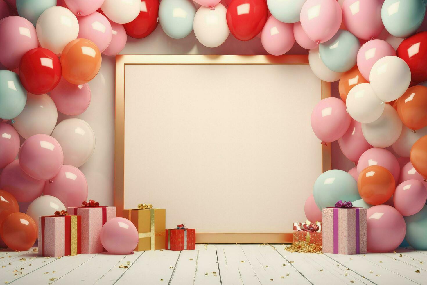 AI generated Birthday frame with color balloons with sparkles, blank frame decoration with balloon , Ai generated photo