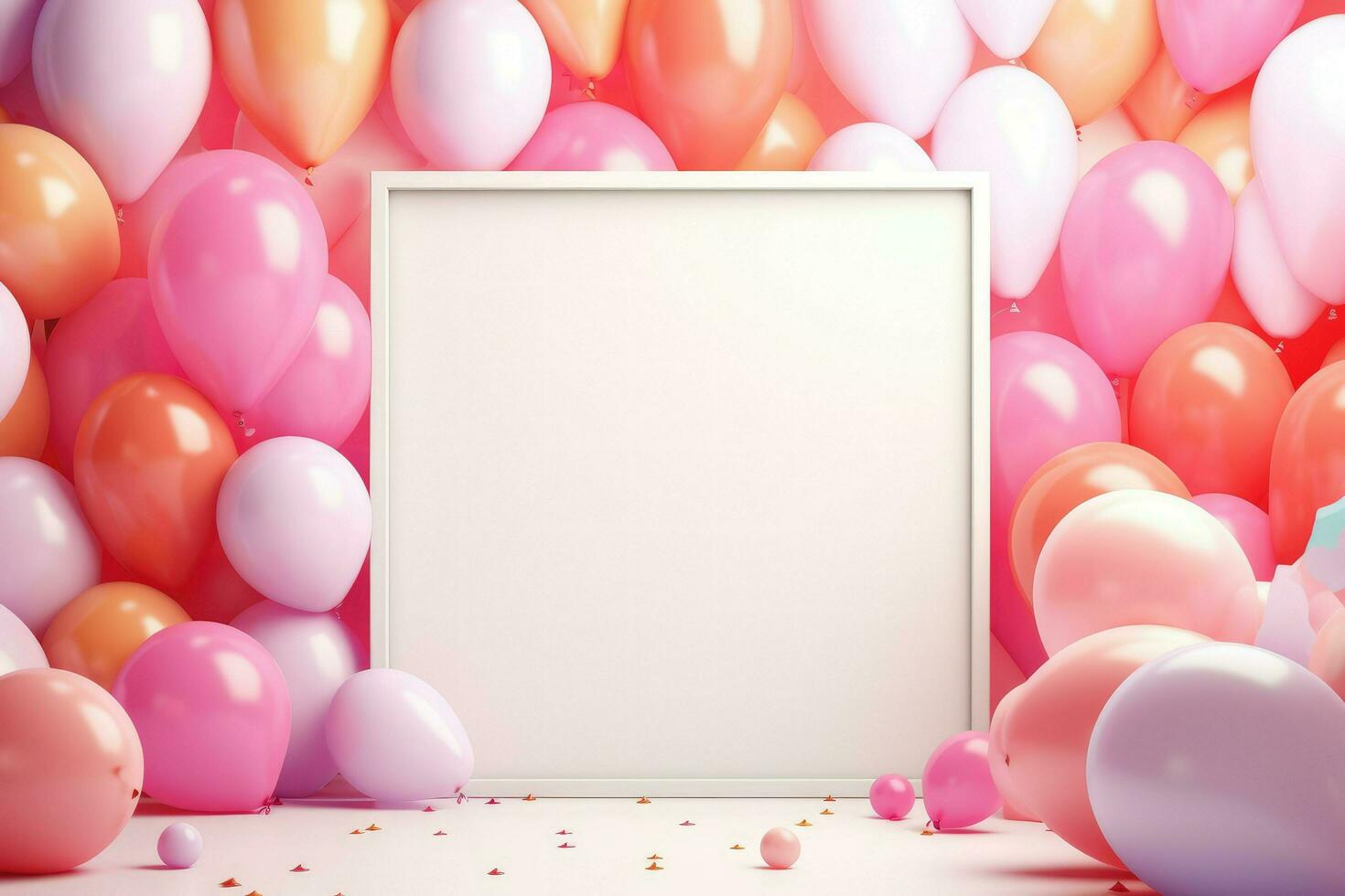 AI generated Blank square frame mockup with color balloons and confetti, square frame on color balloons and confetti, AI Generated photo