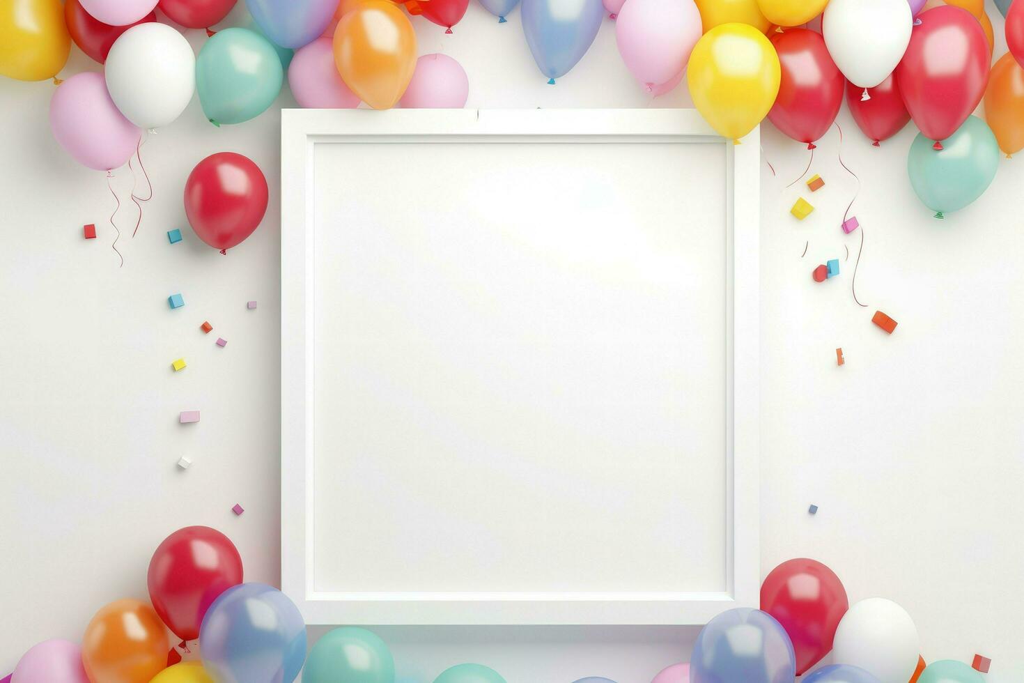 AI generated Blank square frame mockup with color balloons and confetti, square frame on color balloons and confetti, AI Generated photo