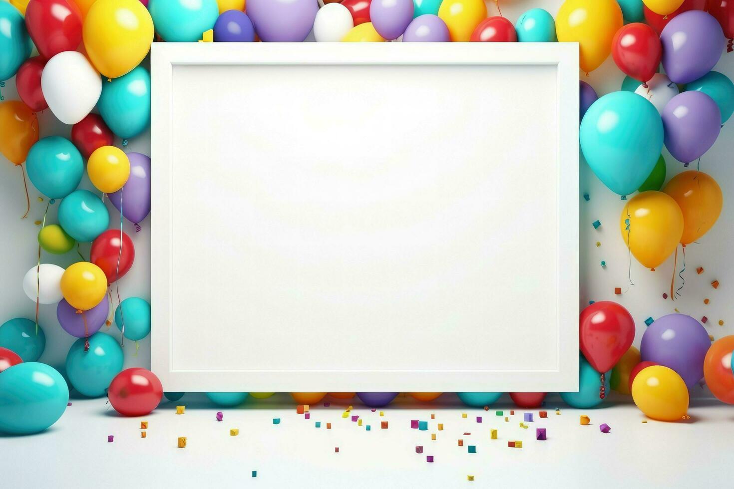 AI generated Blank square frame mockup with color balloons and confetti, square frame on color balloons and confetti, AI Generated photo