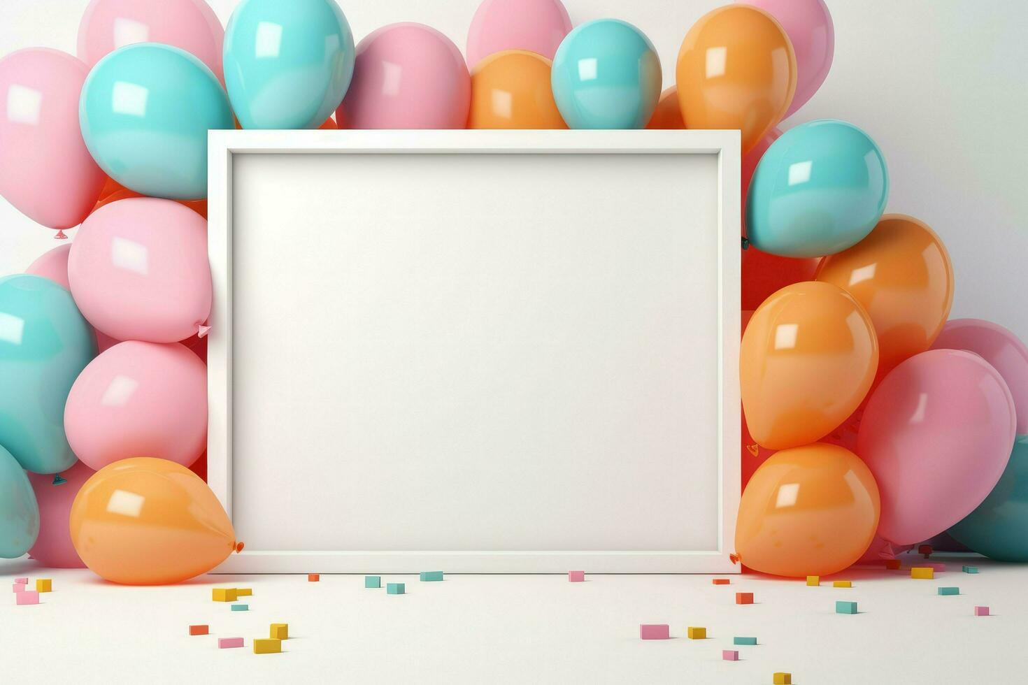 AI generated Blank square frame mockup with color balloons and confetti, square frame on color balloons and confetti, AI Generated photo