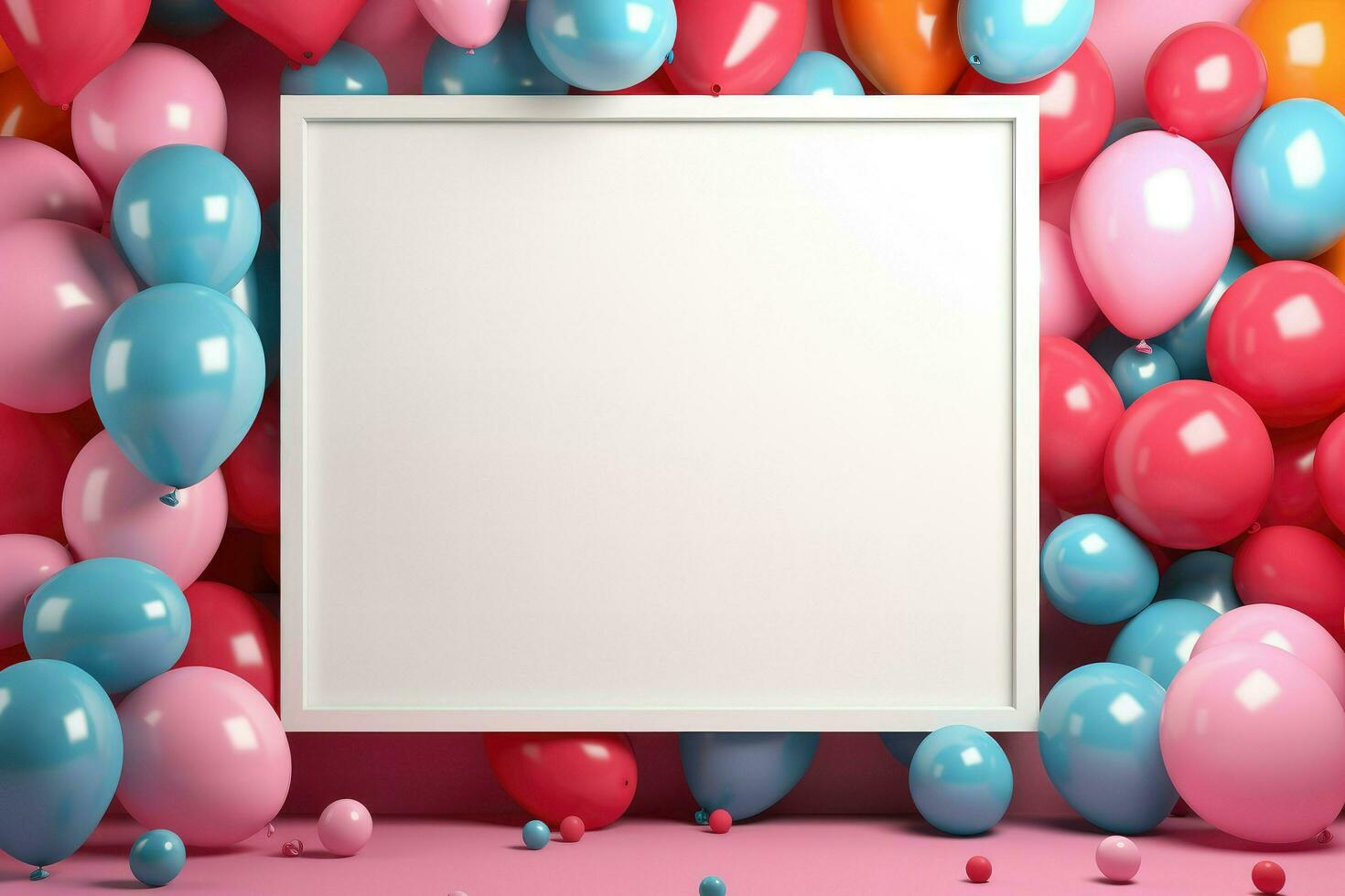 AI generated Blank square frame mockup with color balloons and confetti, square frame on color balloons and confetti, AI Generated photo