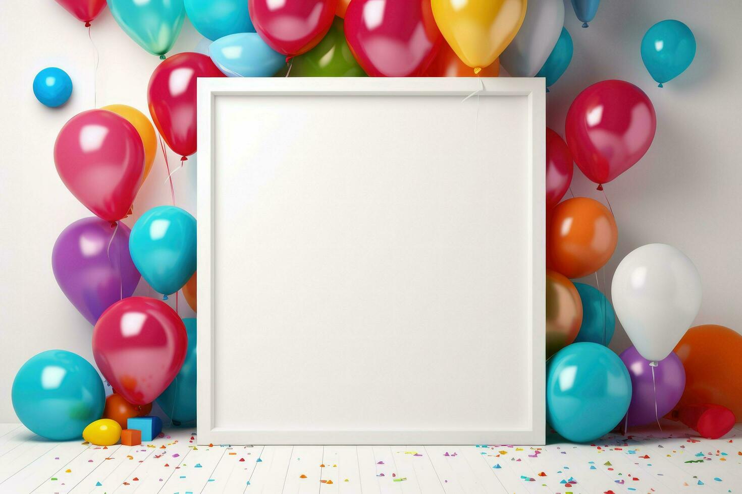 AI generated Blank square frame mockup with color balloons and confetti, square frame on color balloons and confetti, AI Generated photo