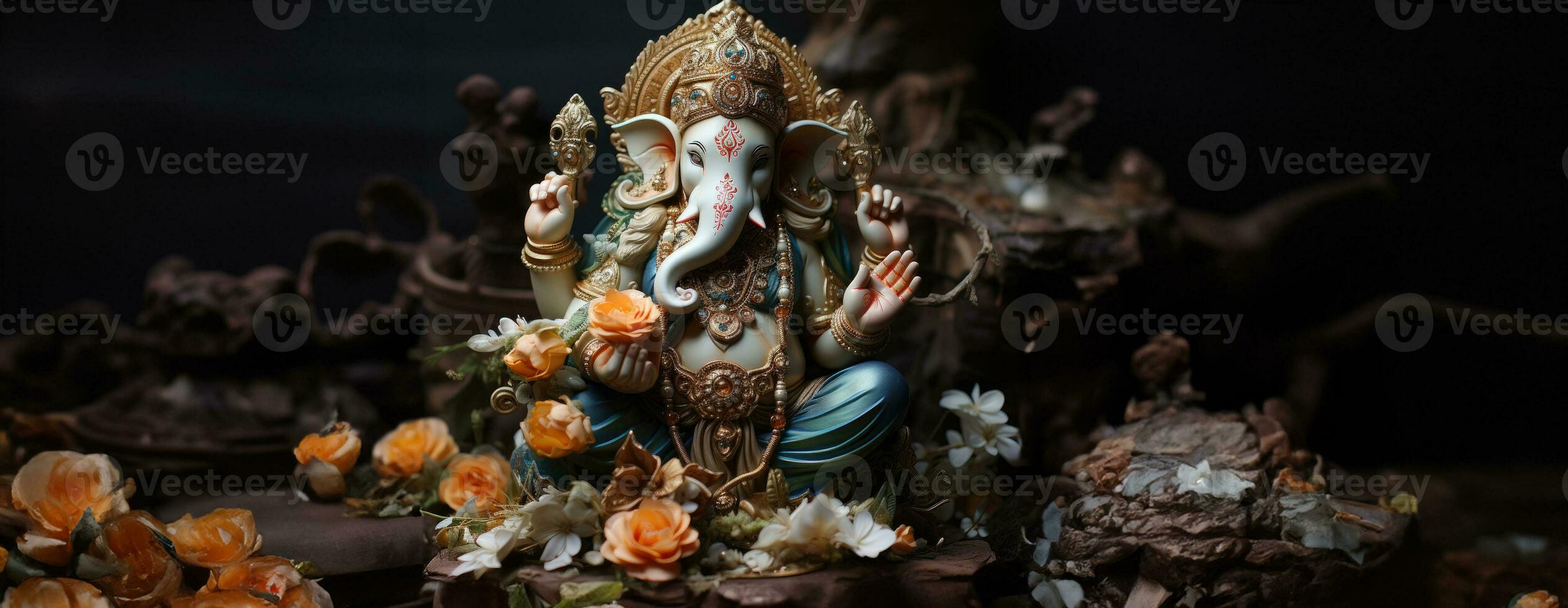 AI Generated Golden lord ganesha sculpture on nature background. celebrate lord ganesha festival. Ai Generative. photo