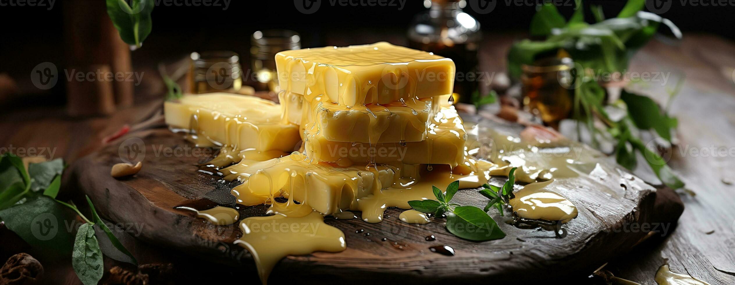 AI Generated Cheese mix on wooden plate still-life. Ai Generative. photo