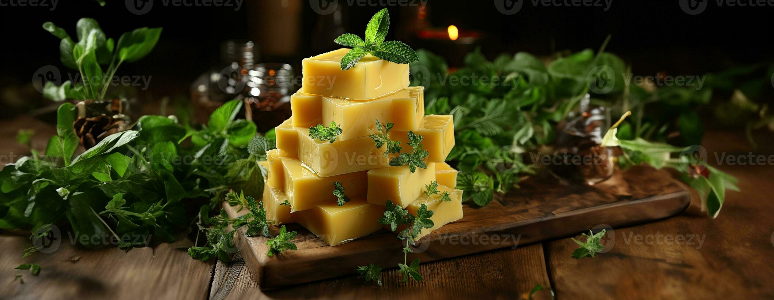 AI Generated Cheese mix on wooden plate still-life. Ai Generative. photo