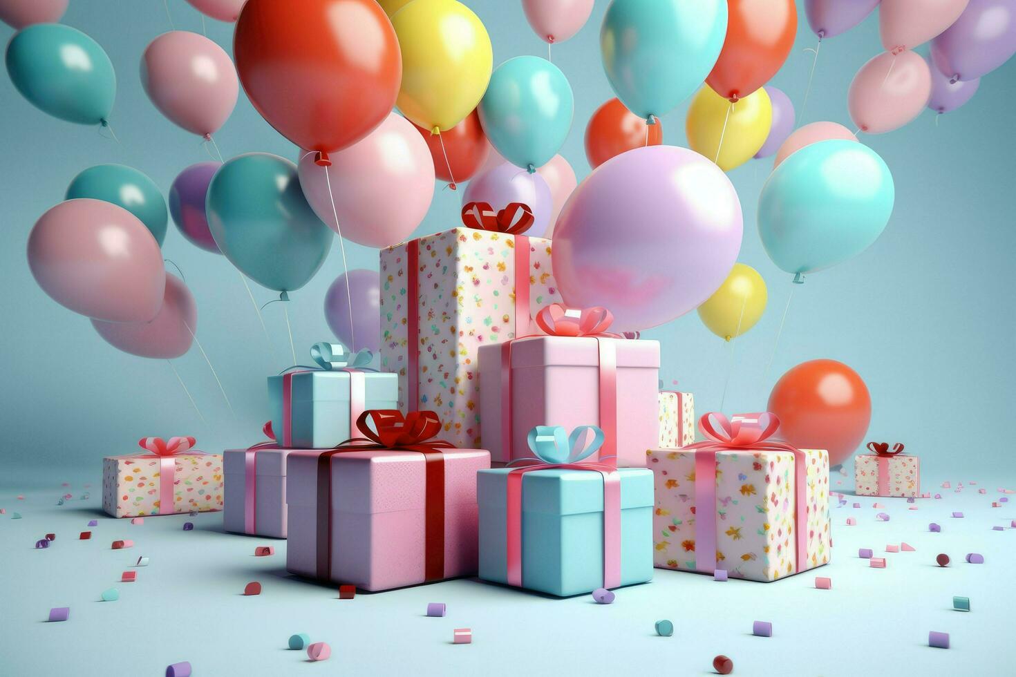 AI generated Colorful balloons background 3D Rendering, Celebratory blue background with color balloons, confetti, sparkles, lights, AI Generated photo
