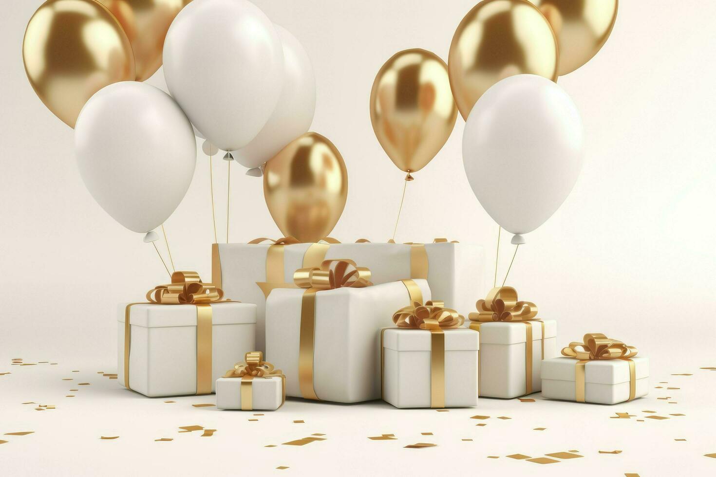 AI generated Birthday background with Gift boxes color balloons and confetti, 3d render of birthday background, AI Generated photo