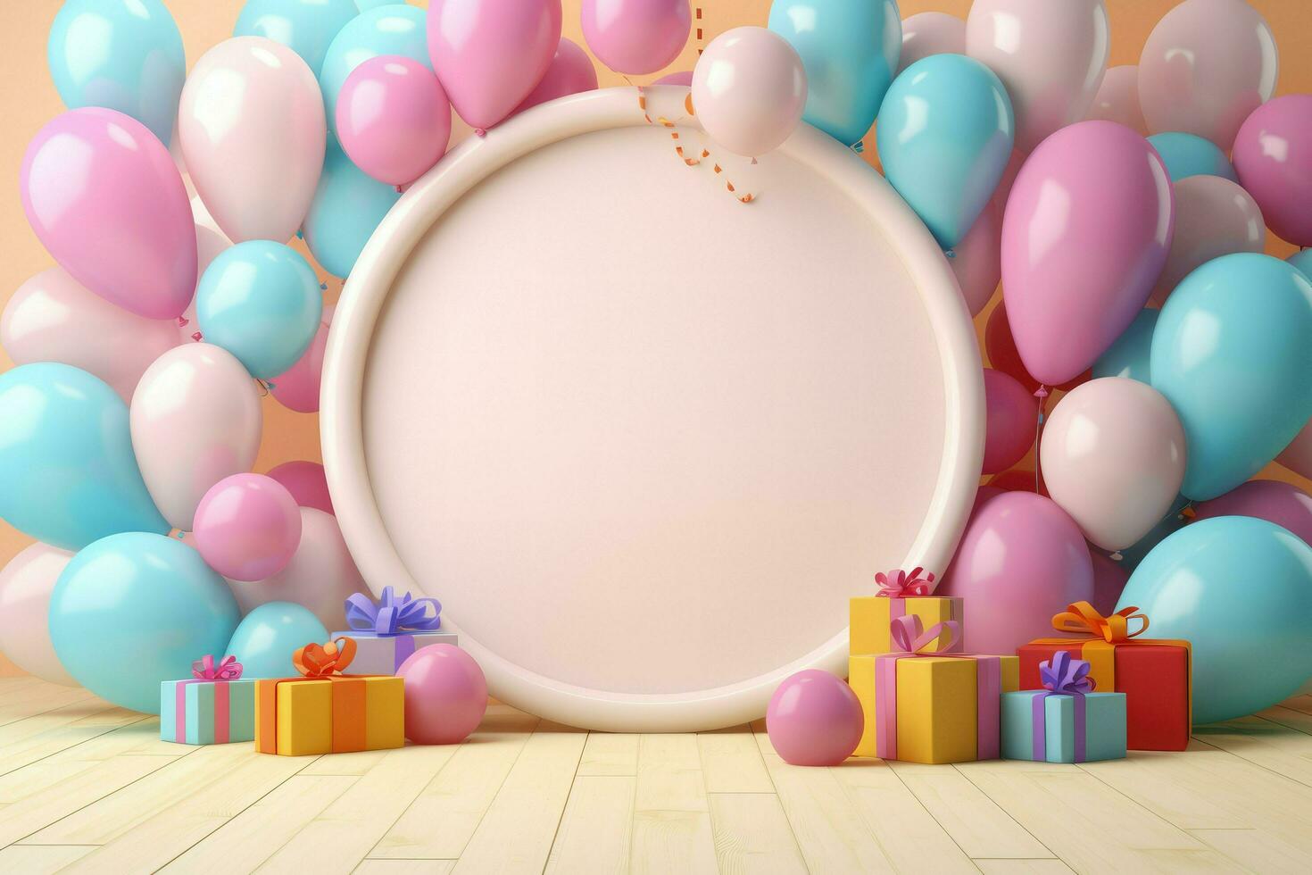 AI generated Happy birthday frame with the confetti and color balloons, Happy birthday round frame with confetti Ai generated photo