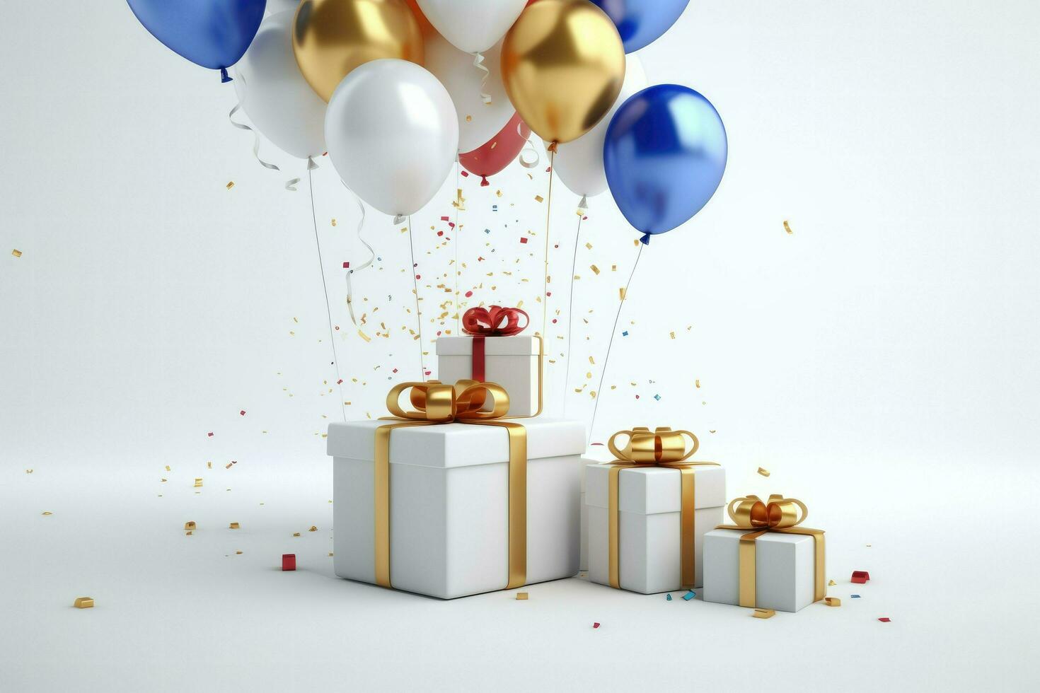 AI generated Birthday background with Gift boxes color balloons and confetti, 3d render of birthday background, AI Generated photo