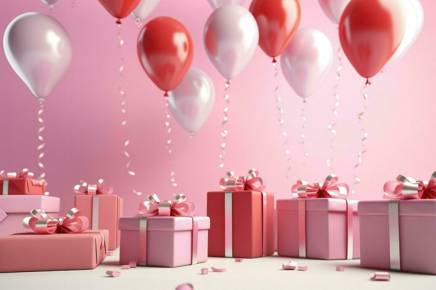 AI generated Colorful balloons background 3D Rendering, Celebratory background with color balloons, confetti, sparkles, lights, AI Generated photo
