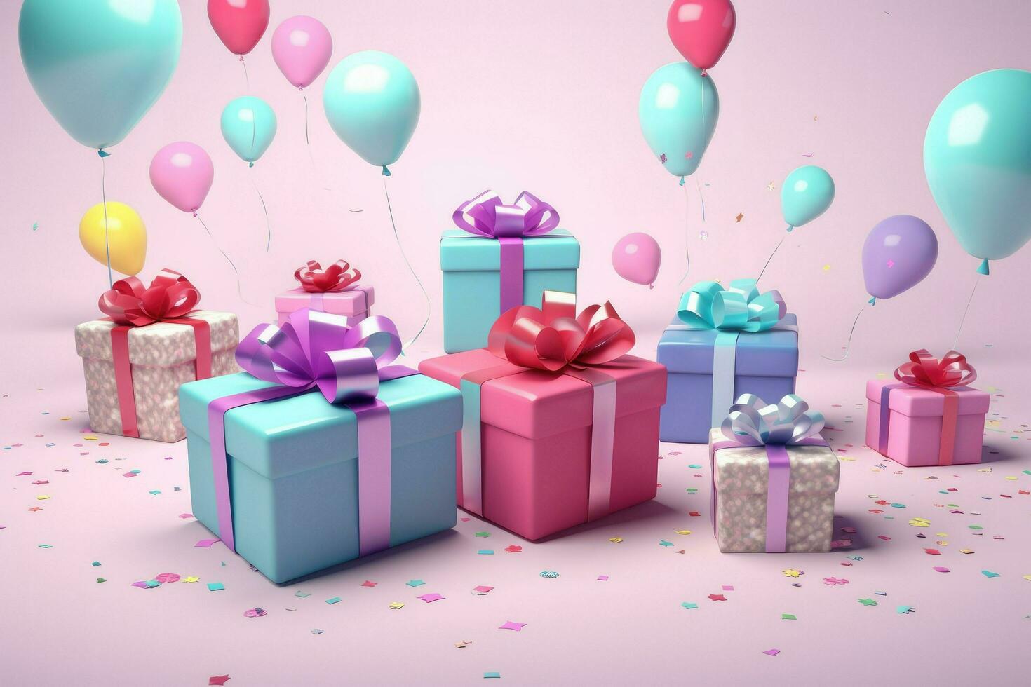 AI generated Colorful balloons background 3D Rendering, Celebratory background with color balloons, confetti, sparkles, lights, AI Generated photo