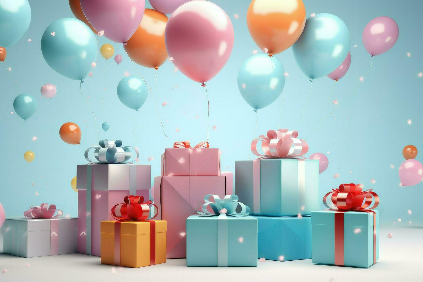 AI generated Colorful balloons background 3D Rendering, Celebratory blue background with color balloons, confetti, sparkles, lights, AI Generated photo