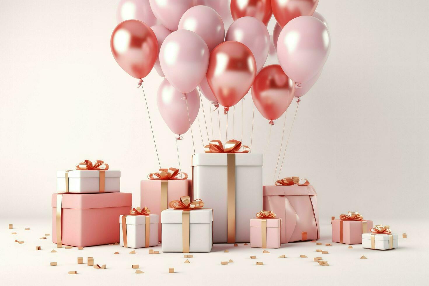 AI generated Gift boxes with color balloons and confetti, 3d render of birthday background with gift box, balloons and confetti, AI Generated photo