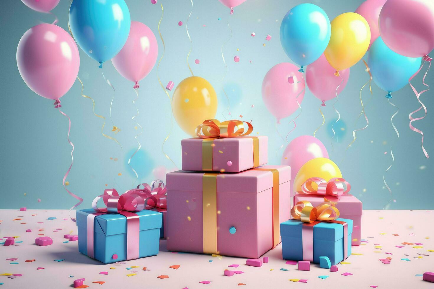 AI generated Colorful balloons background 3D Rendering, Celebratory background with color balloons, confetti, sparkles, lights, AI Generated photo