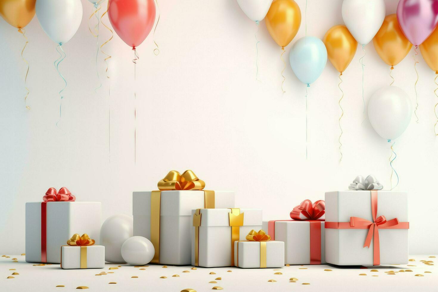 AI generated Balloons and gift boxes with ribbons on white background. 3D Render, 3d render of birthday background with gift box, balloons and confetti Ai generated photo