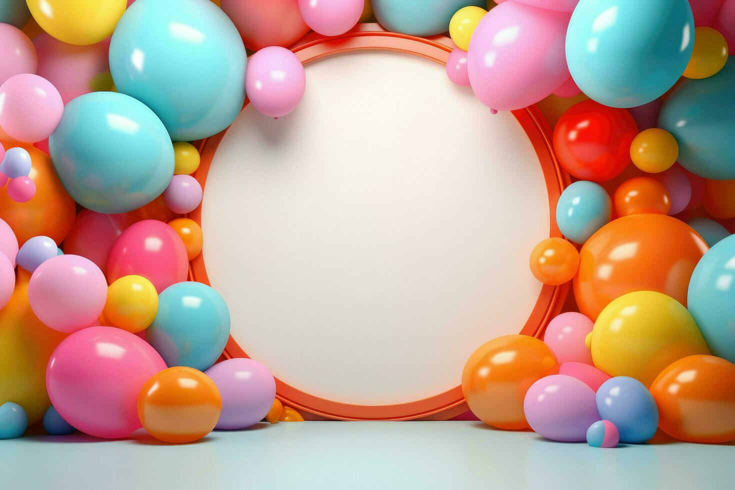 AI generated Blank round frame mockup with color balloons and confetti, round frame on color balloons and confetti, AI Generated photo