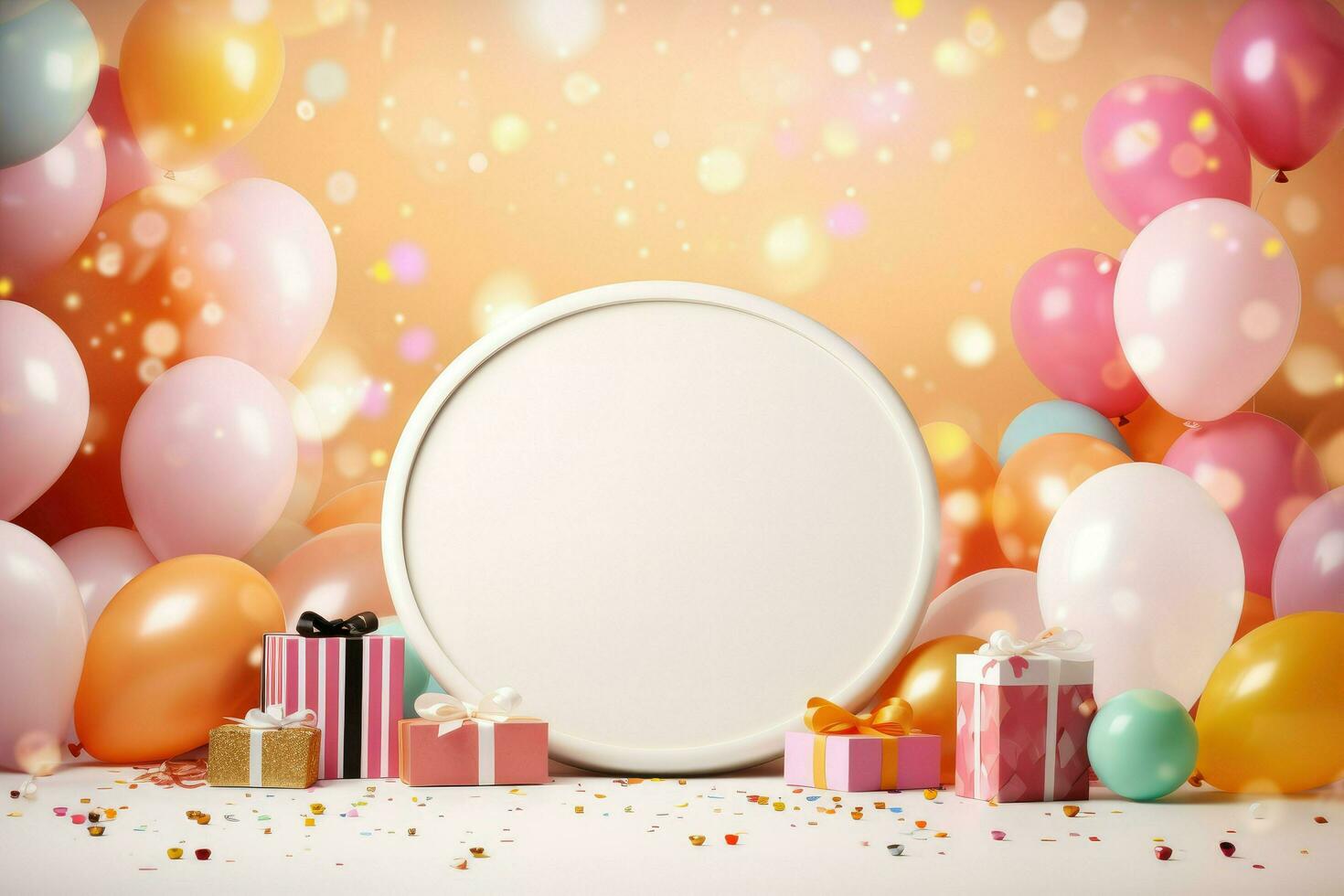 AI generated Blank round frame mockup with color balloons and confetti, round frame on color balloons and confetti, AI Generated photo