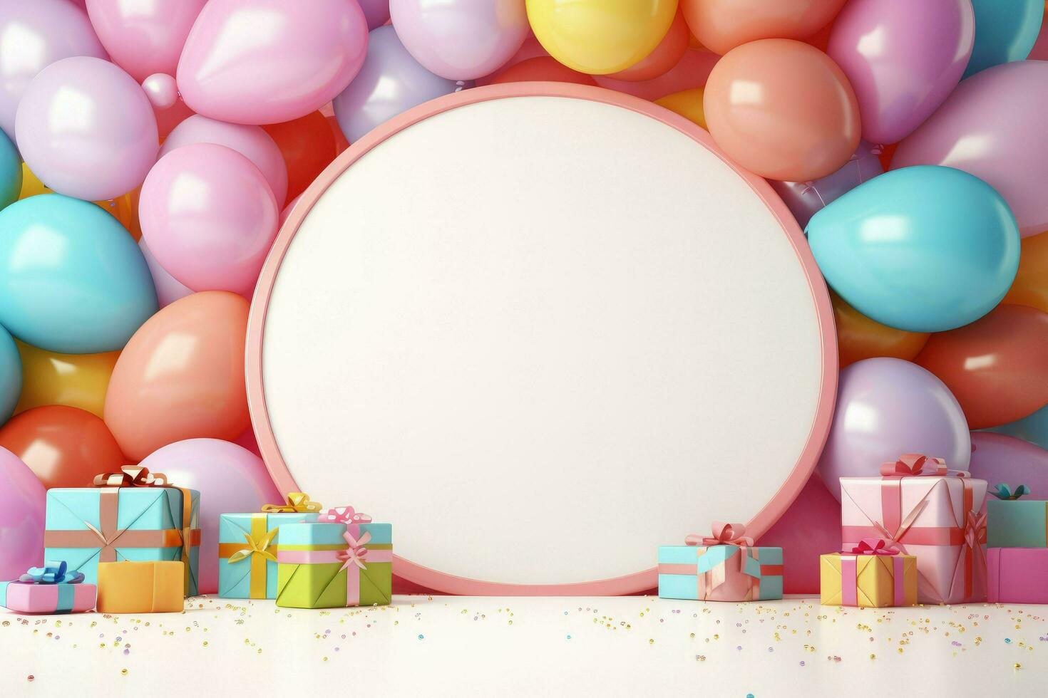 AI generated Blank frame mockup with color balloons and confetti, frame on color balloons and confetti, AI Generated photo