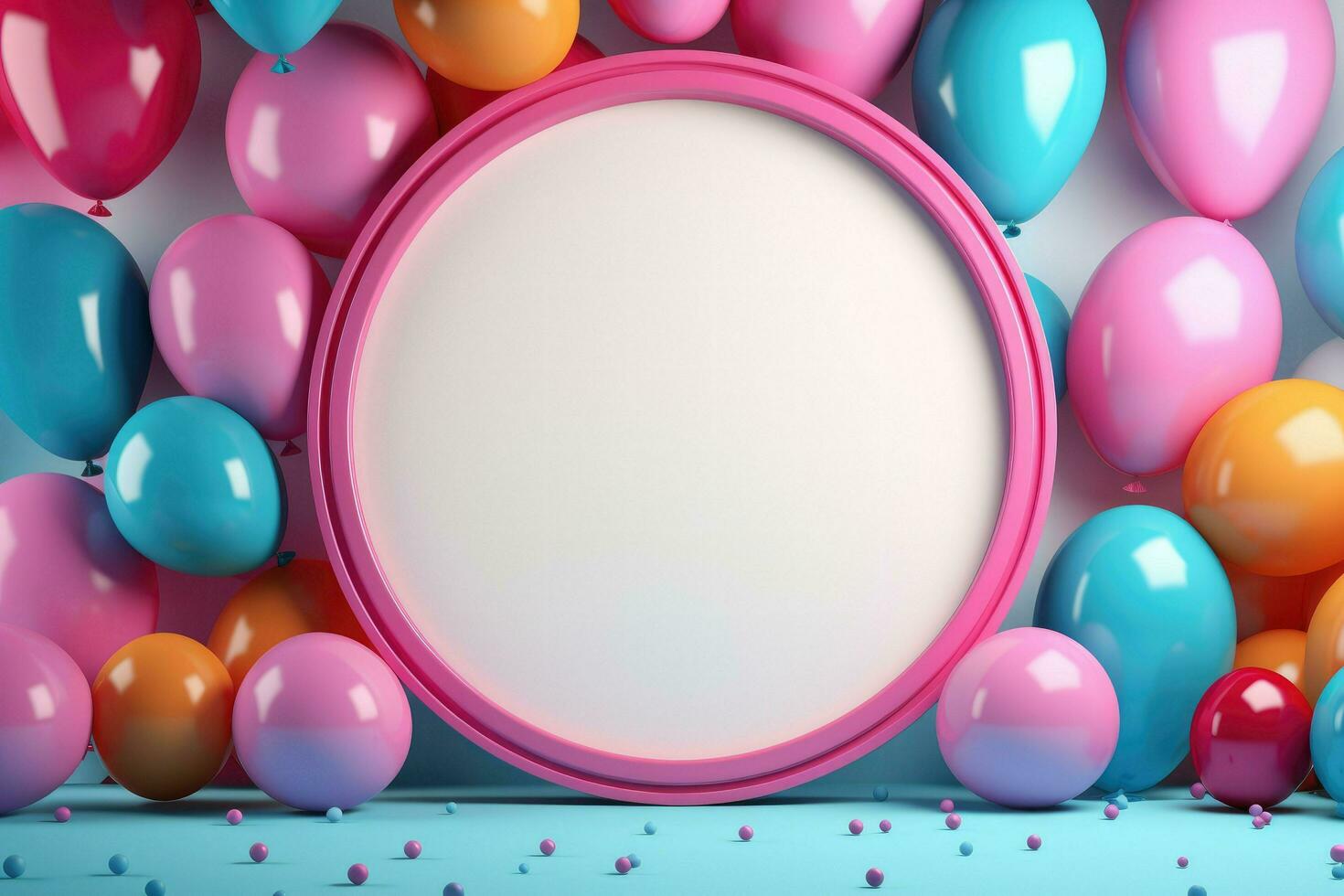 AI generated Blank round frame mockup with color balloons and confetti, round frame on color balloons and confetti, AI Generated photo