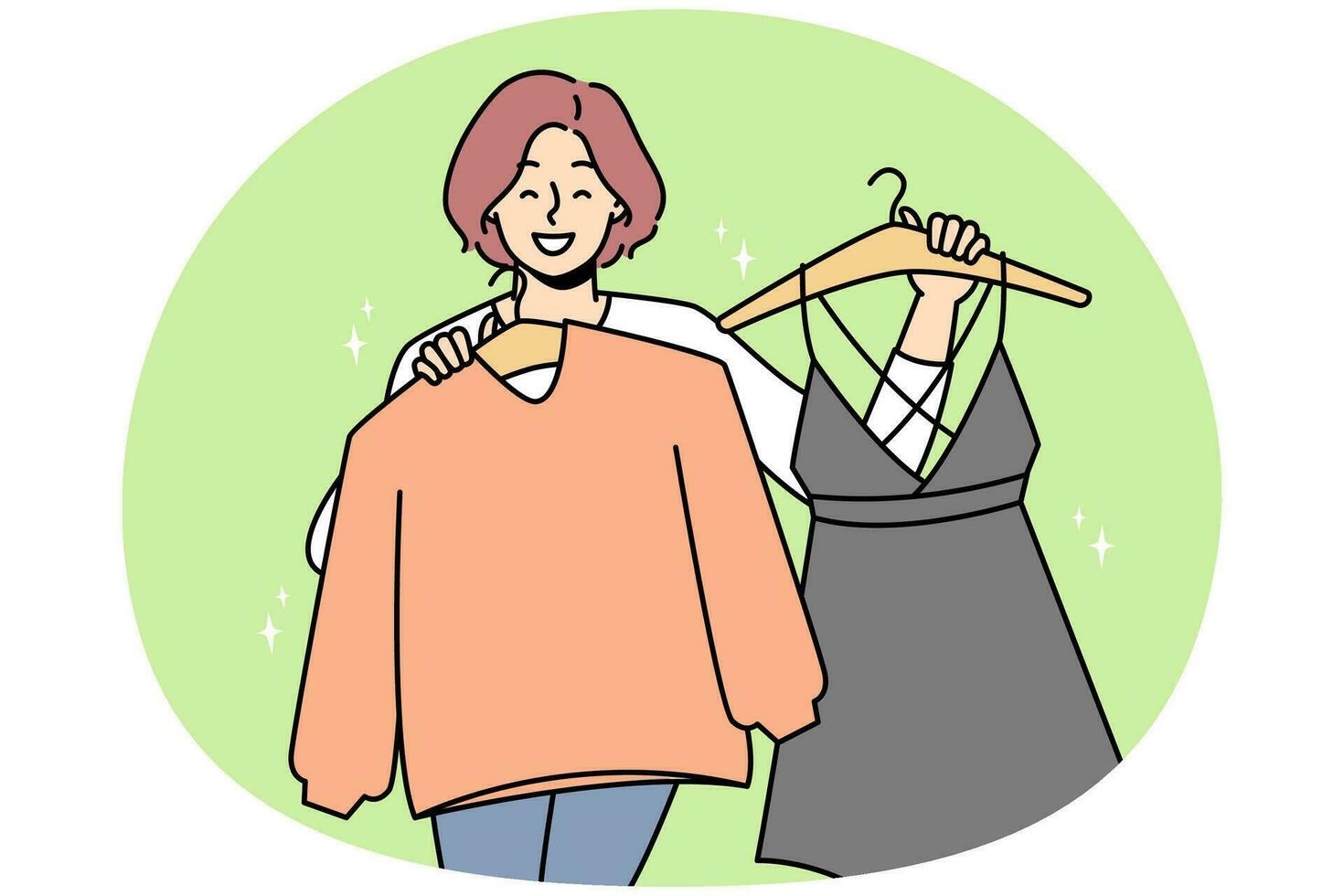 Smiling woman holding clothes on hangers choose what to wear. Happy female shopping for new clothing in mall or store. Vector illustration.