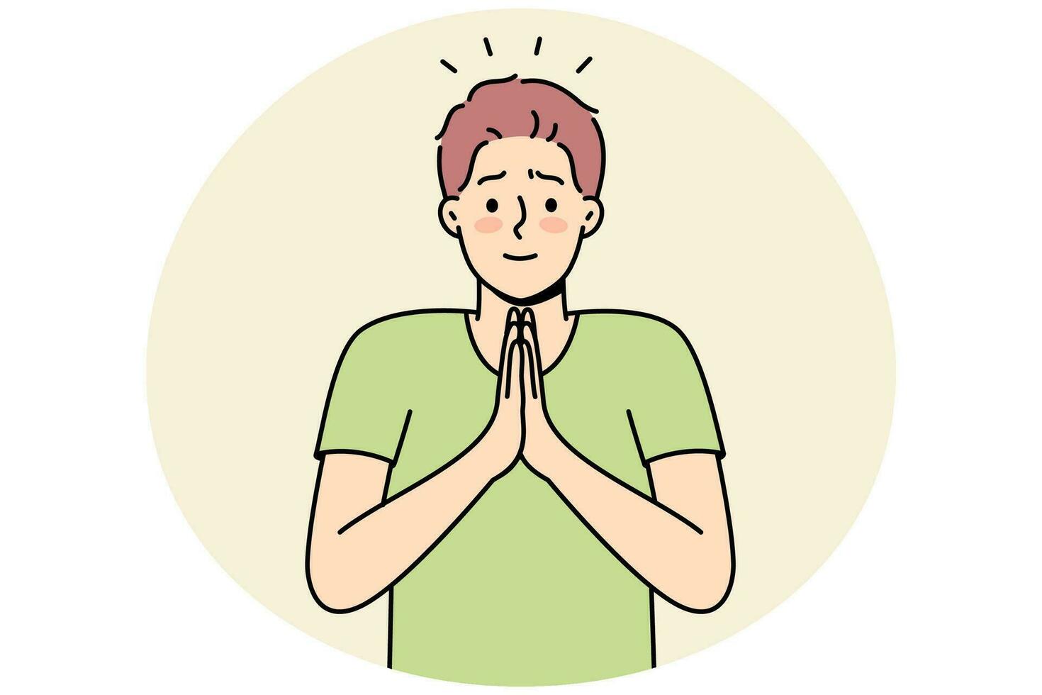 Smiling young man with hands in prayer ask for forgiveness. Male join hands feel grateful or thankful. Gratitude concept. Vector illustration.