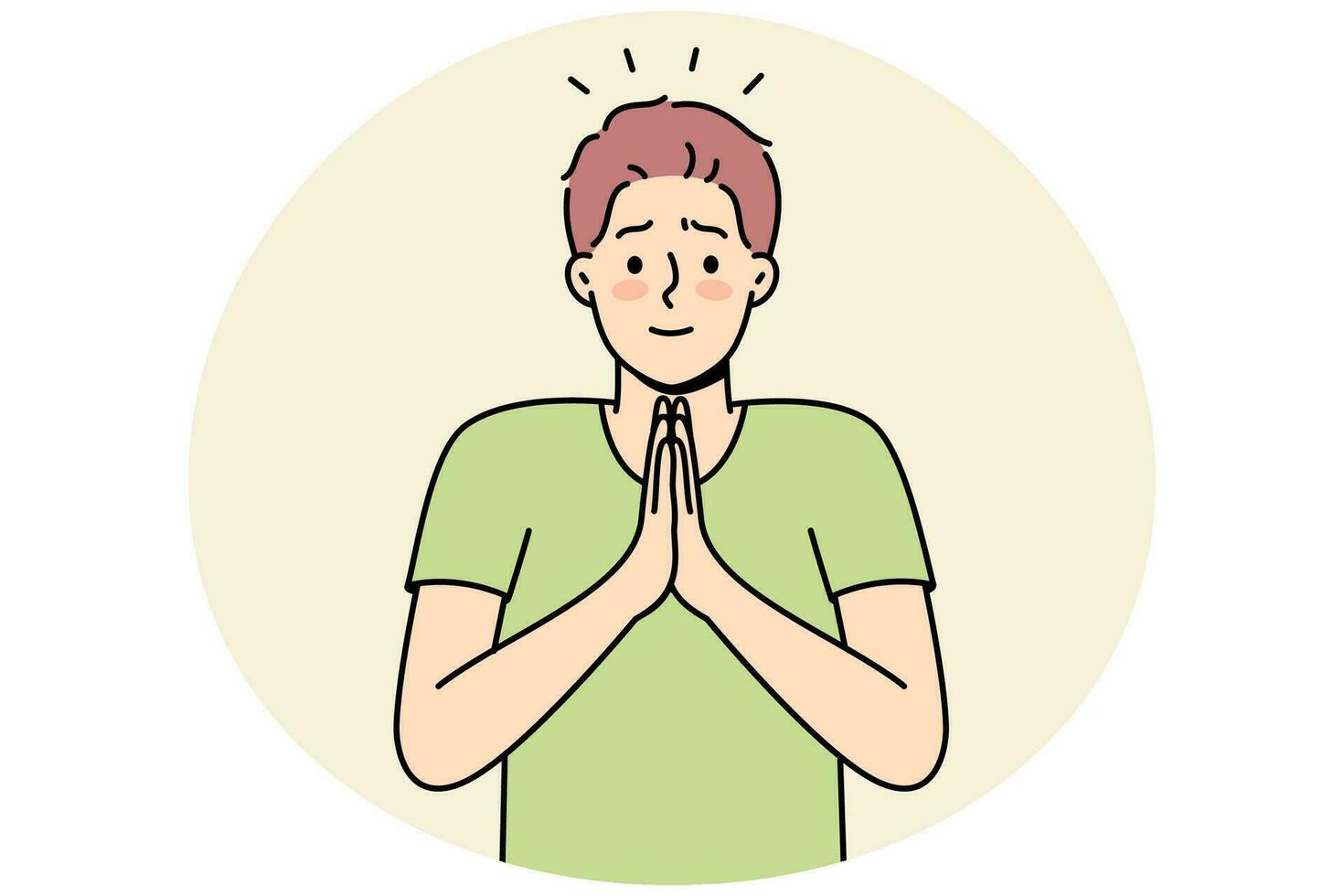 un joven sonriente con las manos en oración pide perdón. los hombres unen sus manos y se sienten agradecidos o agradecidos. concepto de gratitud. ilustración vectorial vector