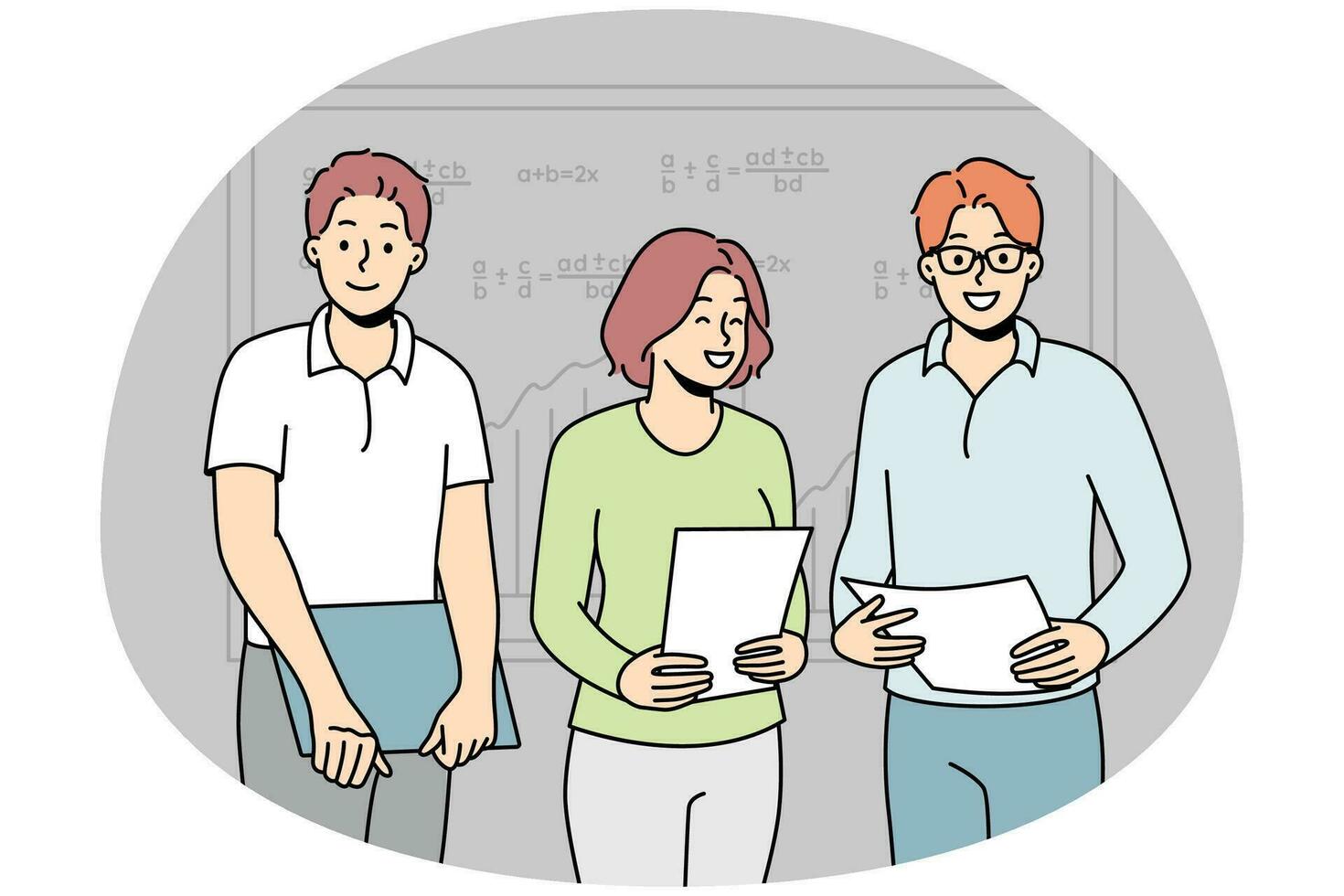 Smiling students with documents standing near board presenting in classroom. Happy pupils with paperwork make presentation in school. Vector illustration.