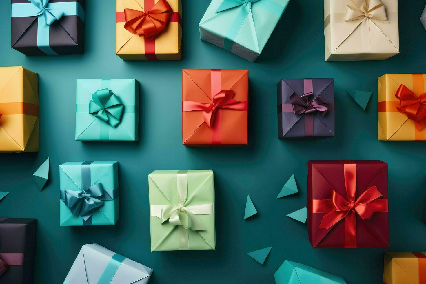 AI generated Top view Colorful gift box binding with color Ribbon and blur background Ai generated photo