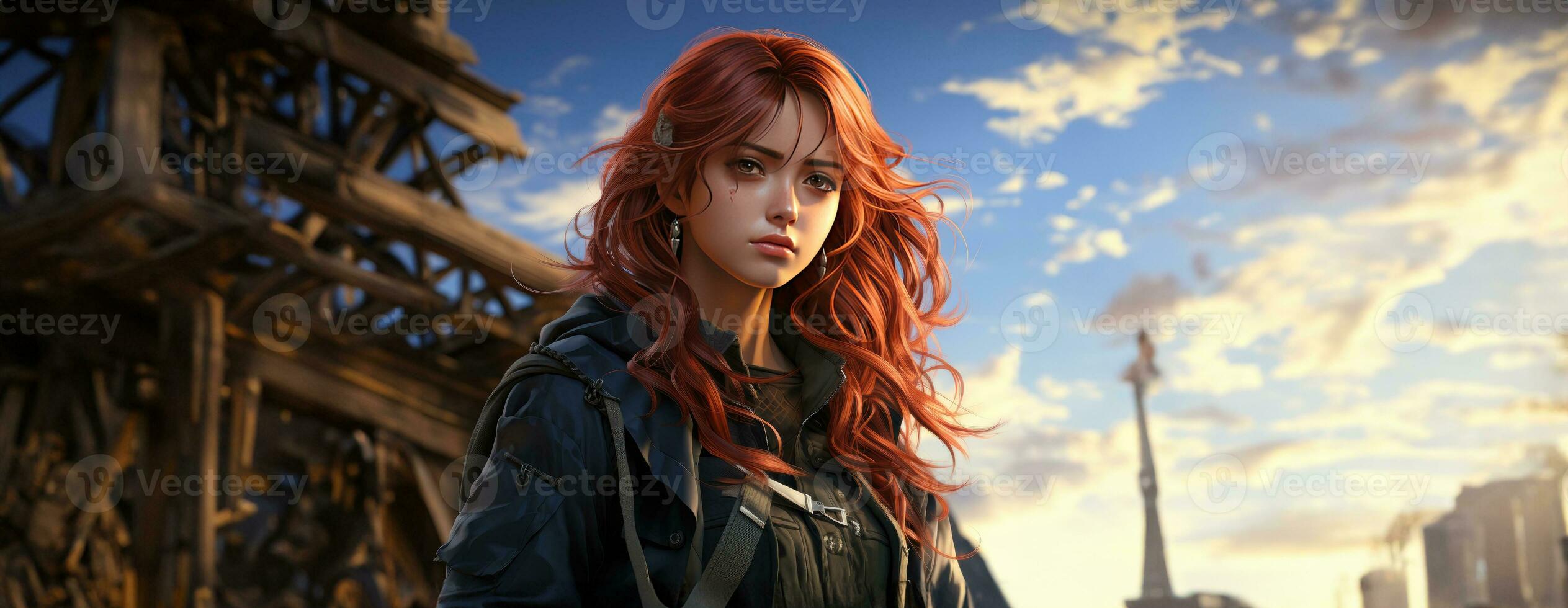 AI Generated Beautiful young redhead woman soldier portrait. Ai Generative. photo