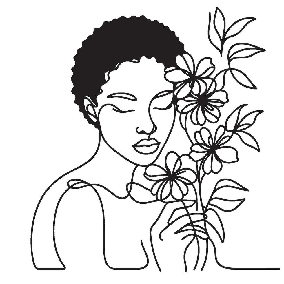 Minimalistic Black Woman With Flowers Line Art vector
