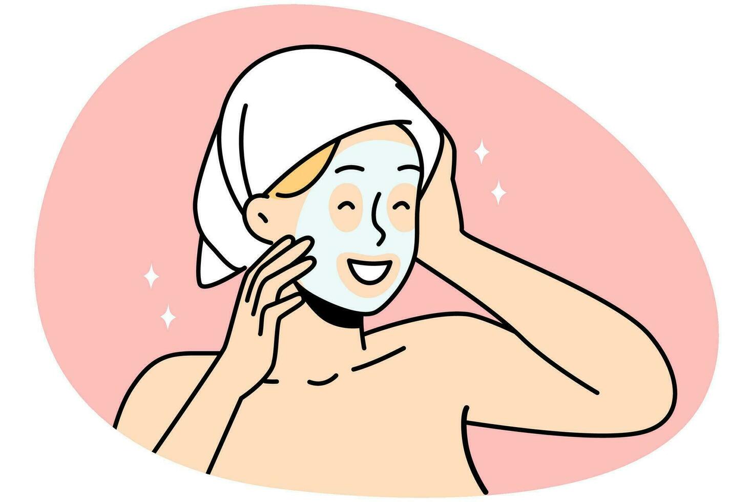 Happy young woman in towel on head and facial mask enjoy beauty procedure. Smiling girl have face skincare routine at home on spa day. Vector illustration.