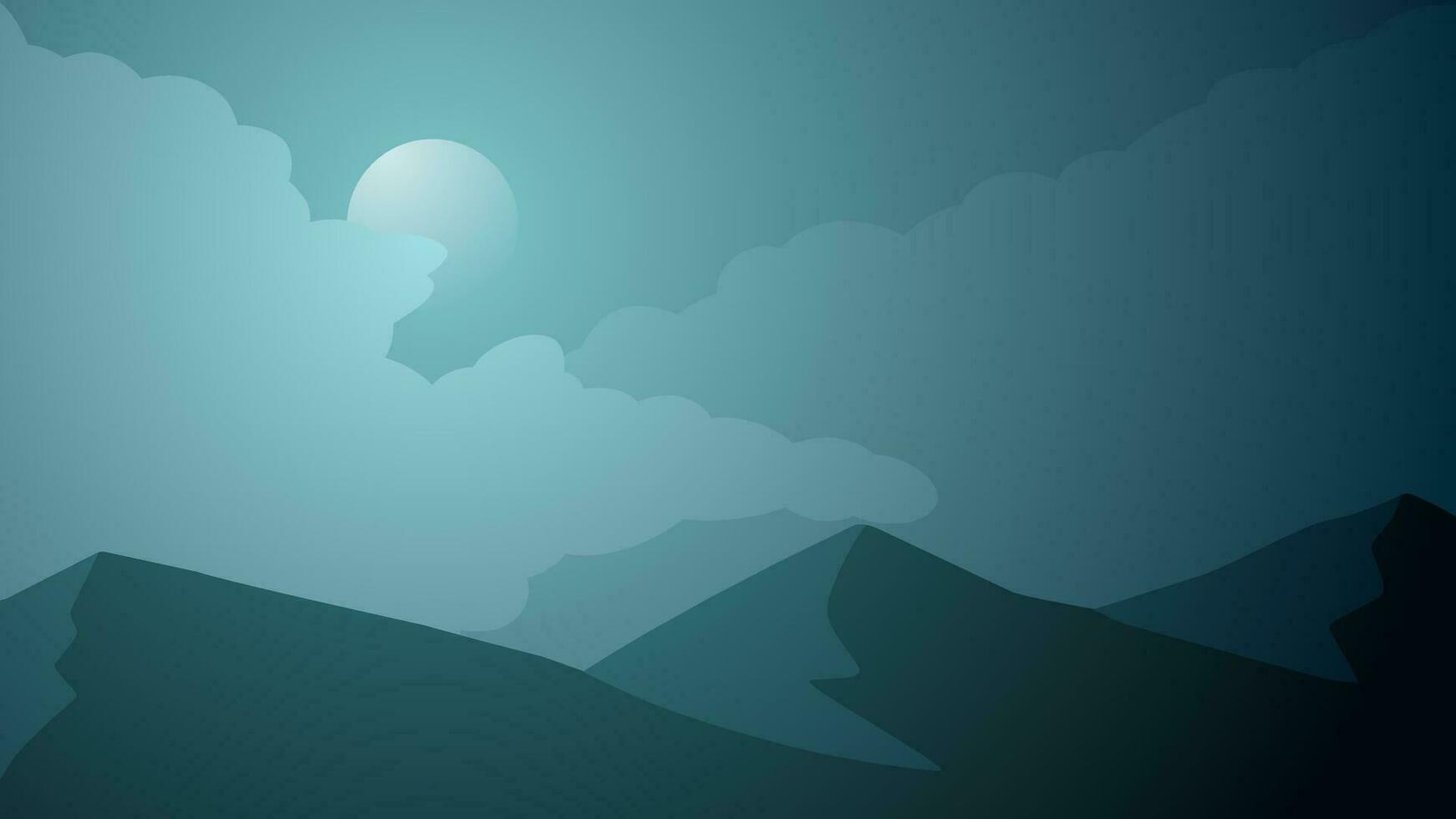 Mountain landscape vector illustration. Scenery of mountain range with cloudy sky in the night. Mountain landscape for background, wallpaper or illustration