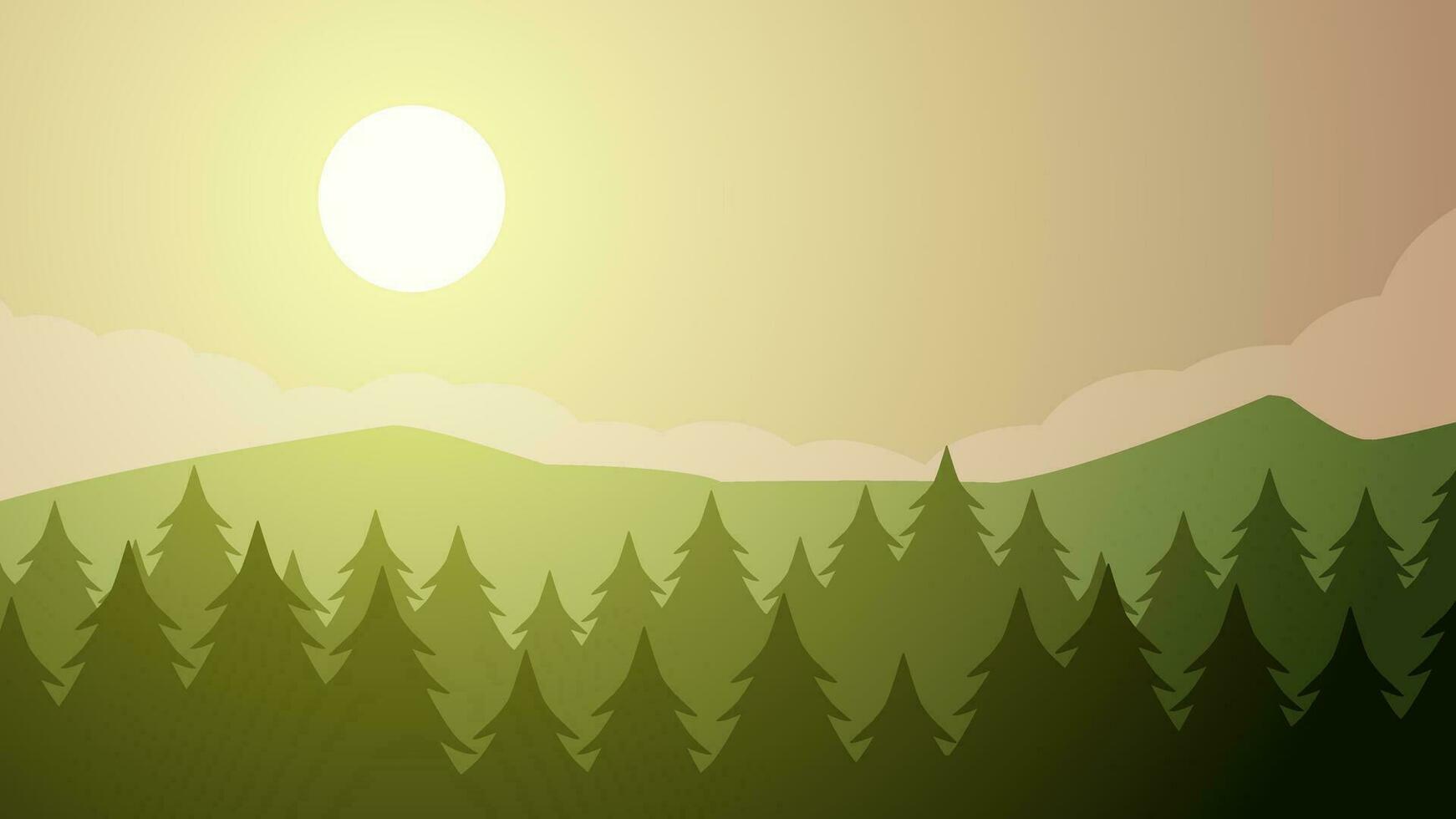 Pine forest landscape vector illustration. Scenery of coniferous forest in the morning with cloudy sky. Pine forest landscape for background, wallpaper or illustration