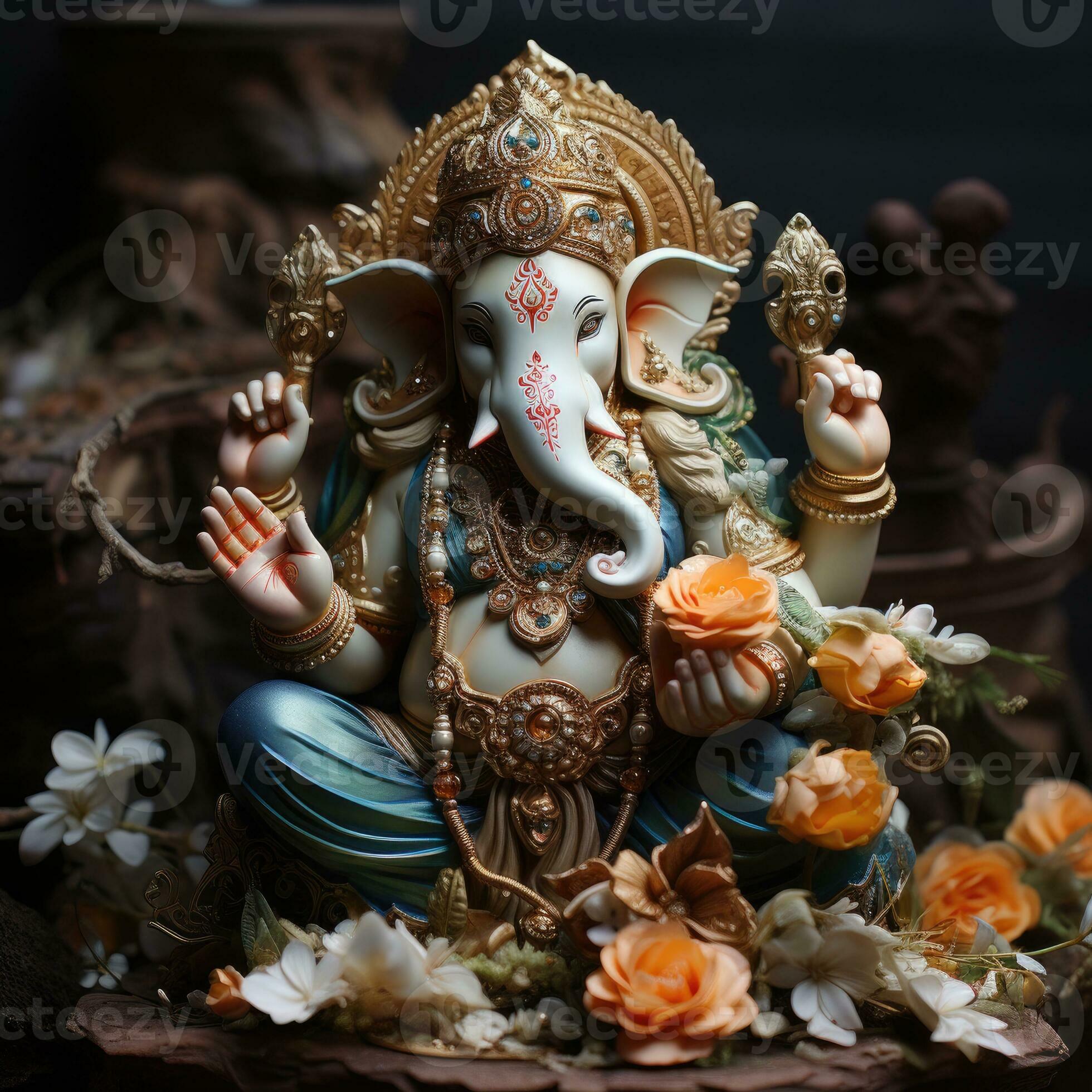 AI Generated Golden lord ganesha sculpture on nature background