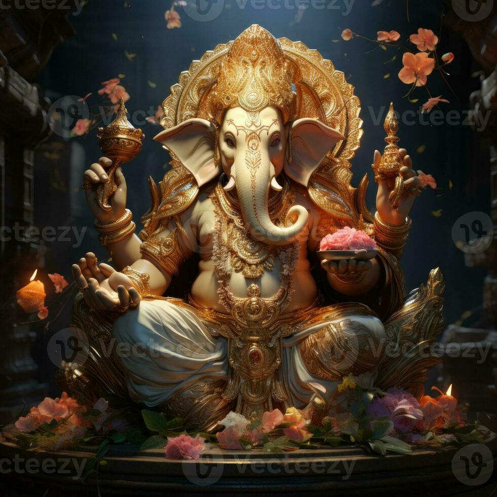 AI Generated Golden lord ganesha sculpture on nature background. celebrate lord ganesha festival. Ai Generative. photo