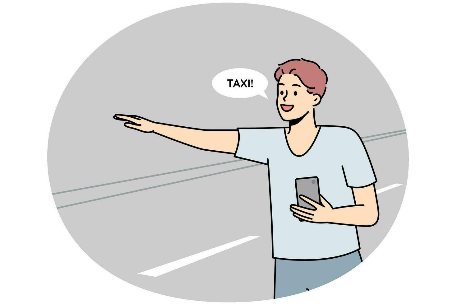 Smiling young man with cellphone in hands catch taxi with hand gesture on road. Happy guy with smartphone get cab outdoors. Vector illustration.