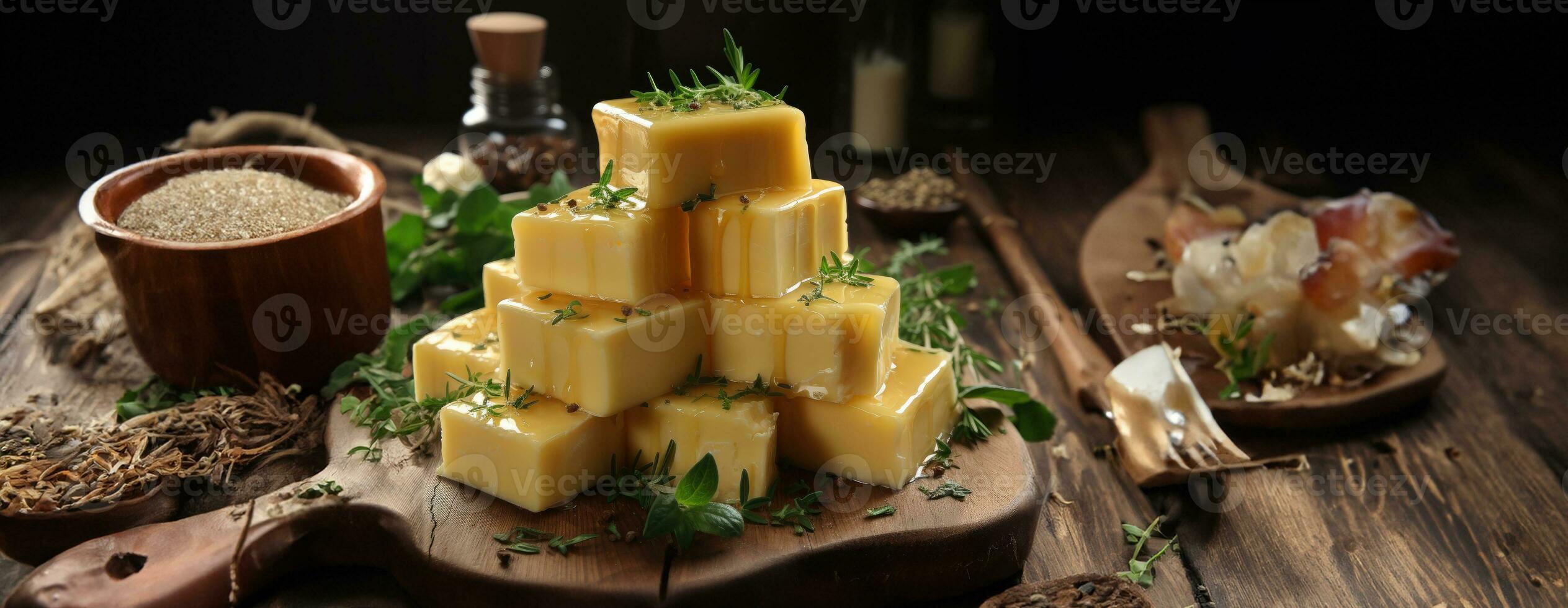 AI Generated Cheese mix on wooden plate still-life. Ai Generative. photo