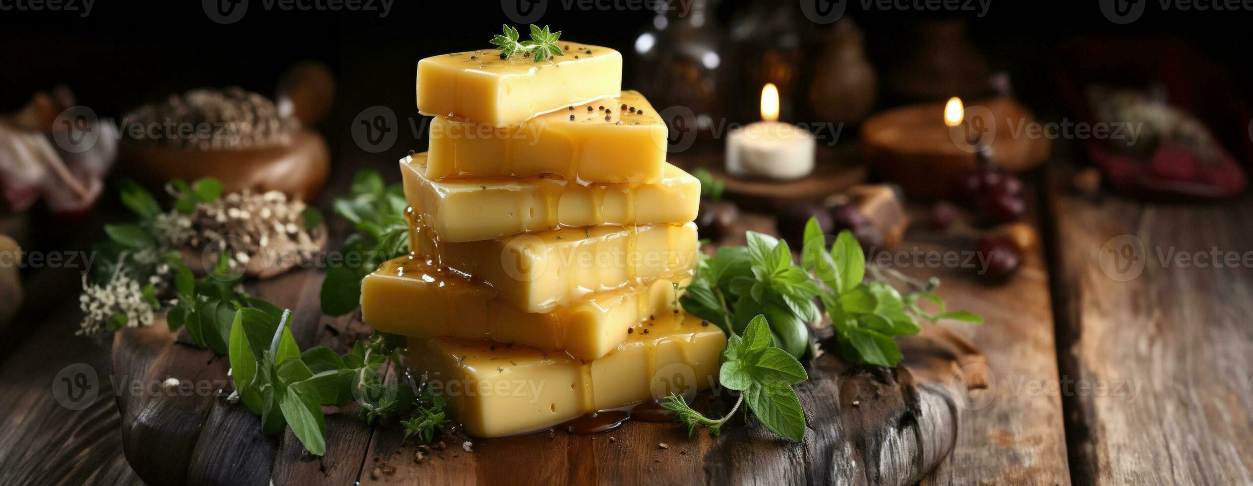 AI Generated Cheese mix on wooden plate still-life. Ai Generative. photo