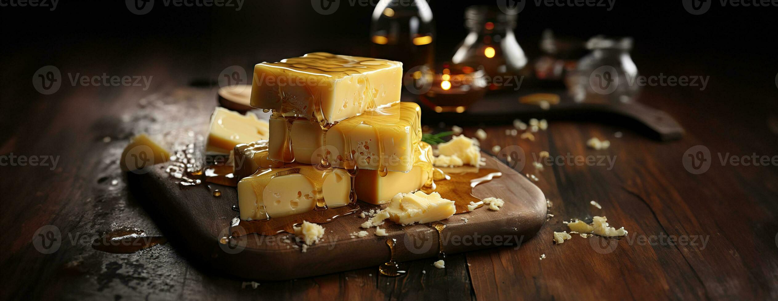 AI Generated Cheese mix on wooden plate still-life. Ai Generative. photo