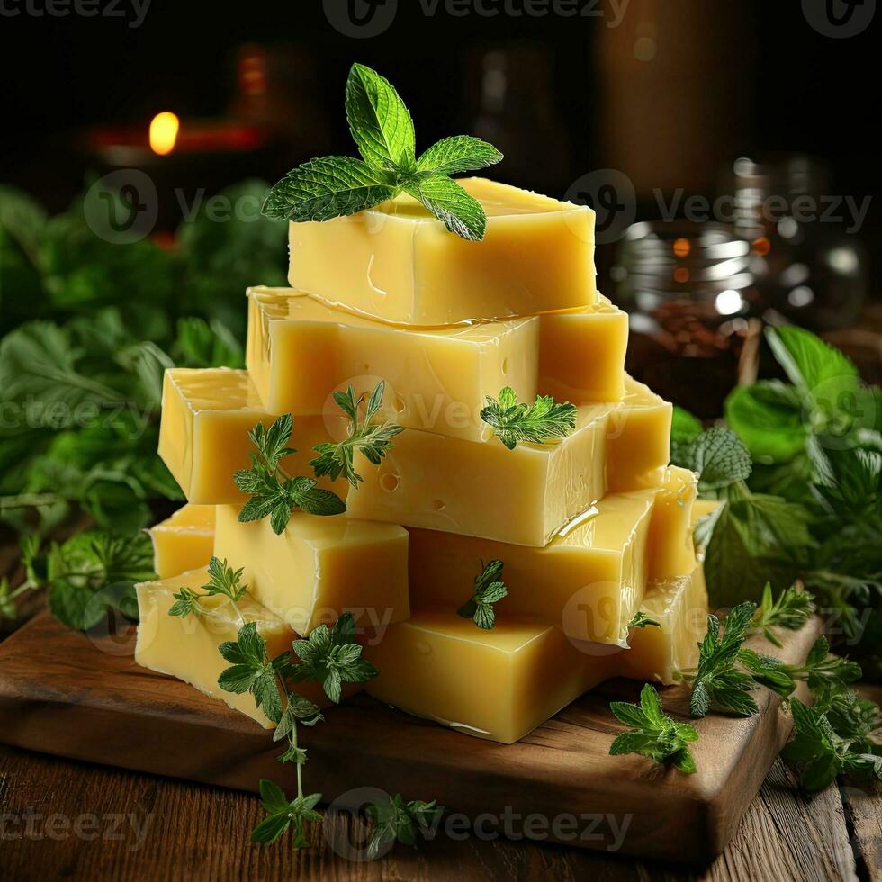 AI Generated Cheese mix on wooden plate still-life. Ai Generative. photo