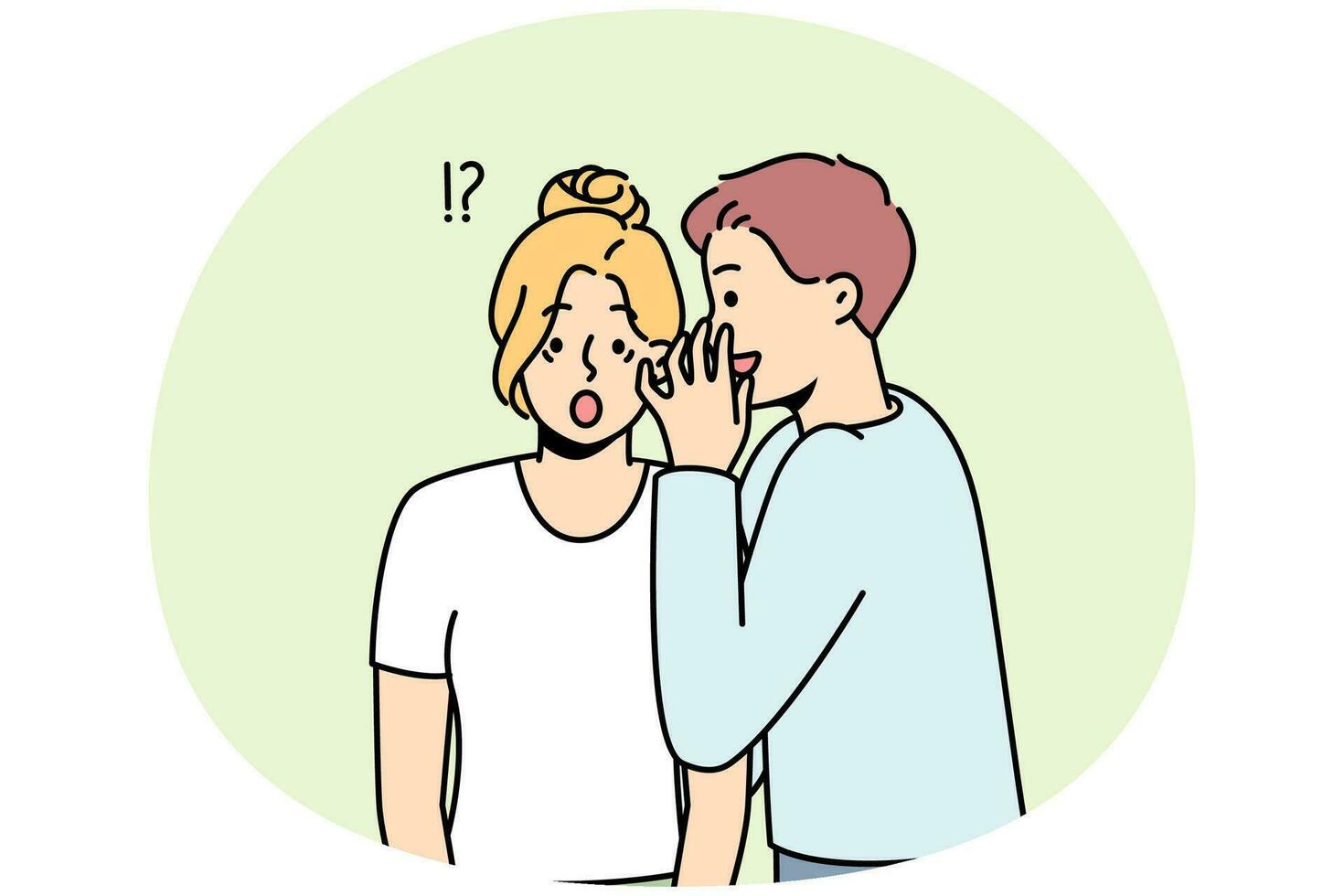 Young man whisper secret to stunned woman ear. Male tell secret hidden information to astonished female. Secrecy and gossip. Vector illustration.