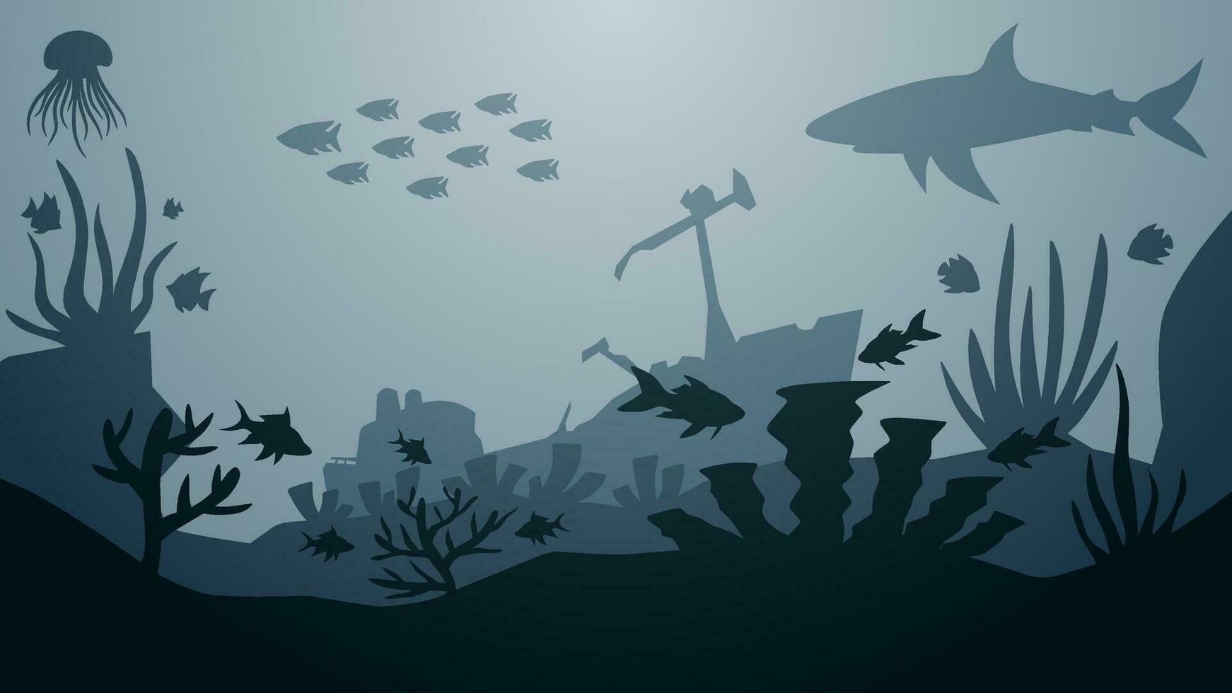 Seascape vector illustration. Scenery of shipwreck in the bottom sea with fish and coral reef. Undersea landscape for illustration, background or wallpaper