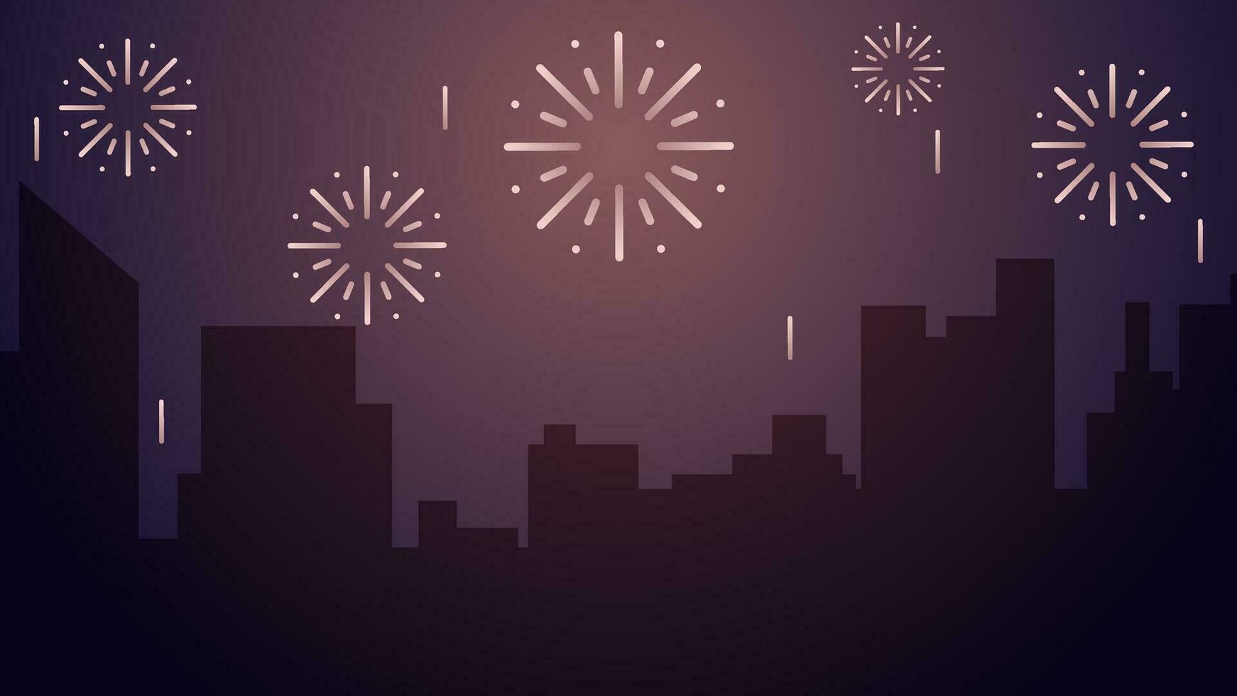 New year cityscape vector illustration. Scenery of city with sparkling fireworks in new year event. City landscape for illustration, background or wallpaper. City silhouette in the firework festival