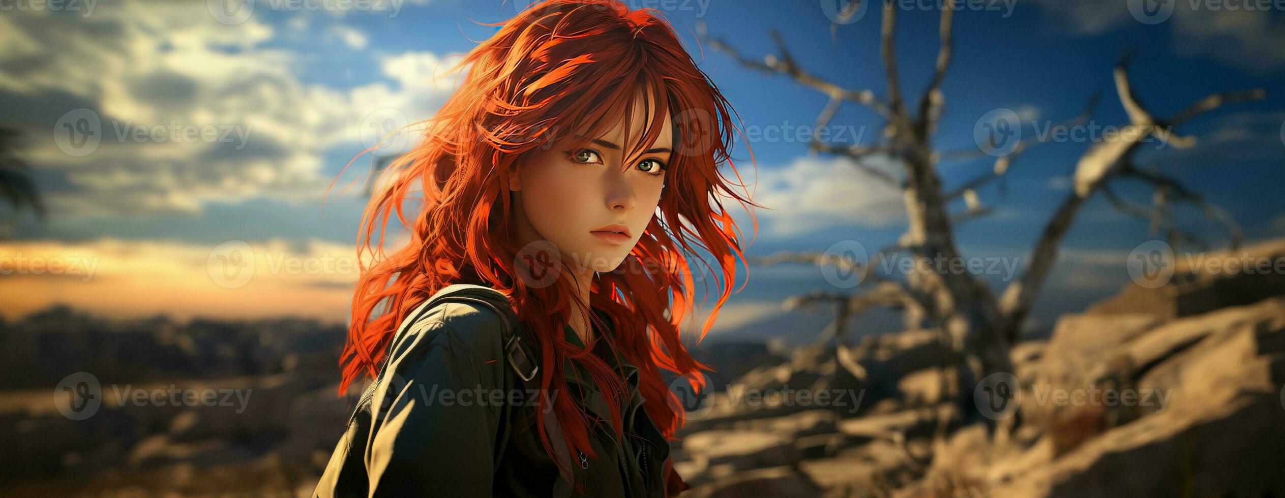 AI Generated Beautiful young redhead woman soldier portrait. Ai Generative. photo