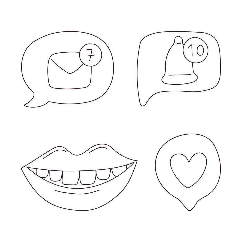 Hand drawn speech bubbles with heart, envelope, bell. Notification, like symbols. Smiling mouth. Outline doodle vector black and white illustration isolated on a white background